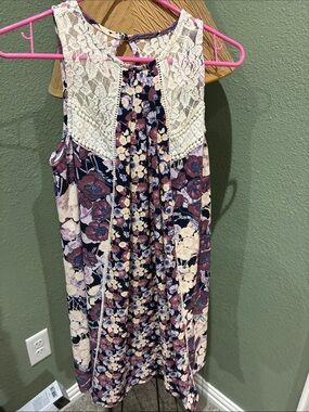 Xhilaration Floral Mini Dress with Cream Lace - Navy, Pink, Brown